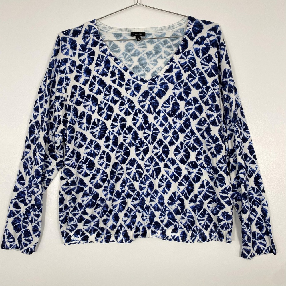 Talbots Sweater Womens XL Blue White Tie Dye V Neck Long‎ Sleeve Pullover Greek